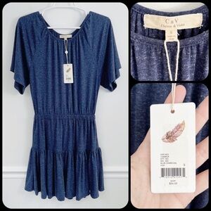 CHELSEA & VIOLET Navy Blue Short Sleeve Tiered Ruffled Hem Dress - SMALL